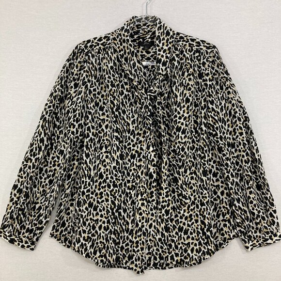 J. Crew Large Brown Black Leopard Print Pure Silk Tie Front Button Down - Picture 1 of 10